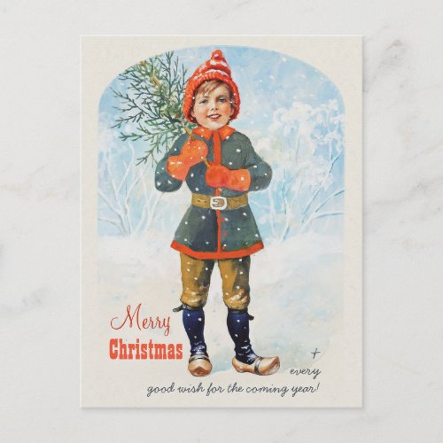 Jenny Nystrm Boy with a Christmas tree Holiday Postcard