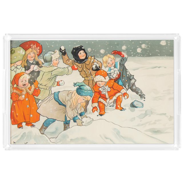Jenny Nystrom, Children playing in snow, Christmas Acrylic Tray (Front)