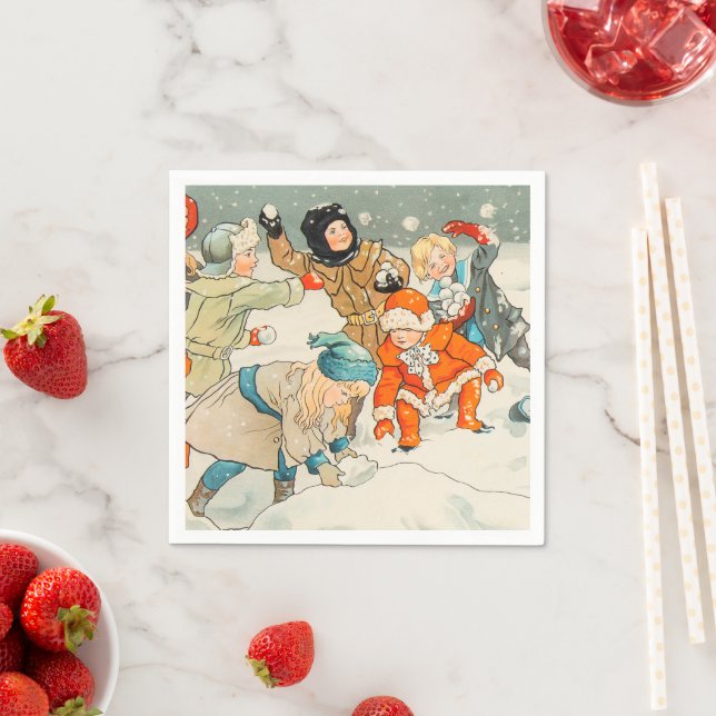 Jenny Nystrom, Children playing in snow, Christmas Napkins (Insitu)