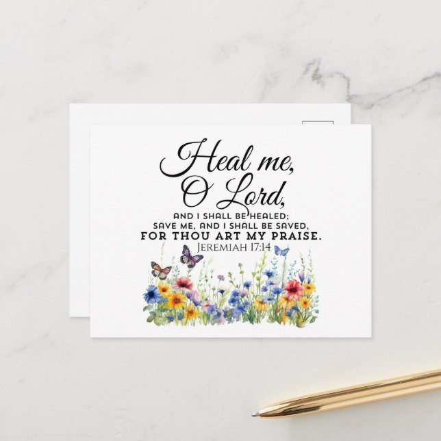 Jeremiah 17:14 Healing Bible Verse Wildflowers Postcard (Front/Back In Situ)