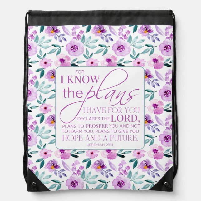 Jeremiah 29:11 Bible Purple Flowers Background Drawstring Bag (Front)