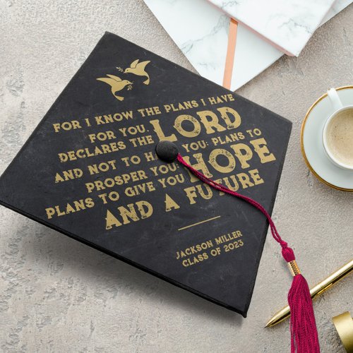 Jeremiah 2911 Bible Verse Black  Gold Doves Graduation Cap Topper