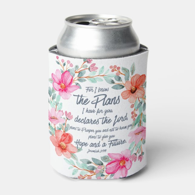 Jeremiah 29:11 For I know the Plans Pink Floral Can Cooler (Can Front)