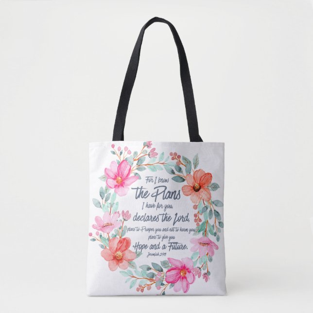 Jeremiah 29:11 For I know the Plans Pink Floral Tote Bag (Front)