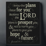 Jeremiah 29:11 I know the plans I have for you... Plaque<br><div class="desc">"I know the plans I have for you, " declares the Lord, "plans to prosper you and not to harm you, plans to give you hope and a future." Jeremiah 29:11 is a Bible verse that offers hope to all believers. Let this Old Testament scriptures give you encouragement. This beautiful...</div>