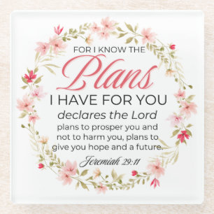 Jeremiah 29:11 Pink Flowers Wreath Bible Verse Glass Coaster