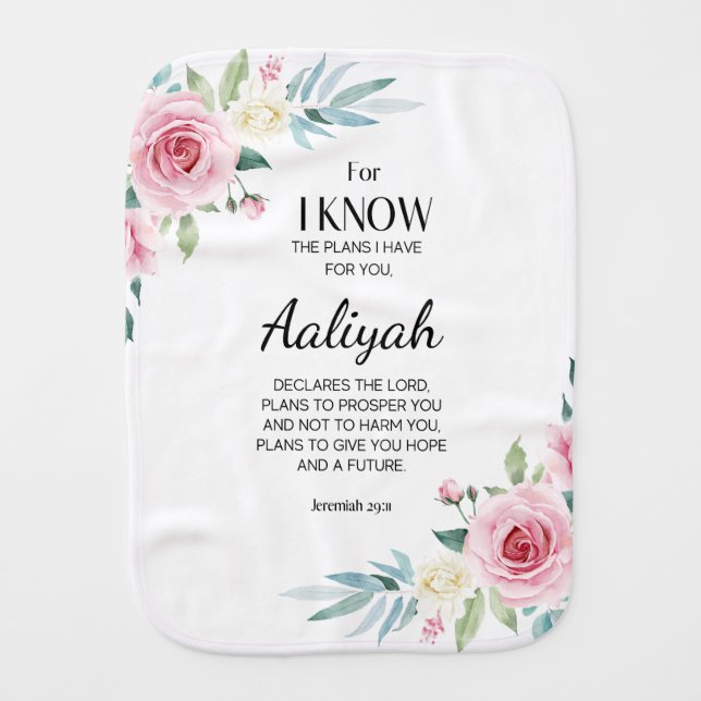 Jeremiah 29:11 Pink Rose Personalize Baby Burp Cloth (Front)