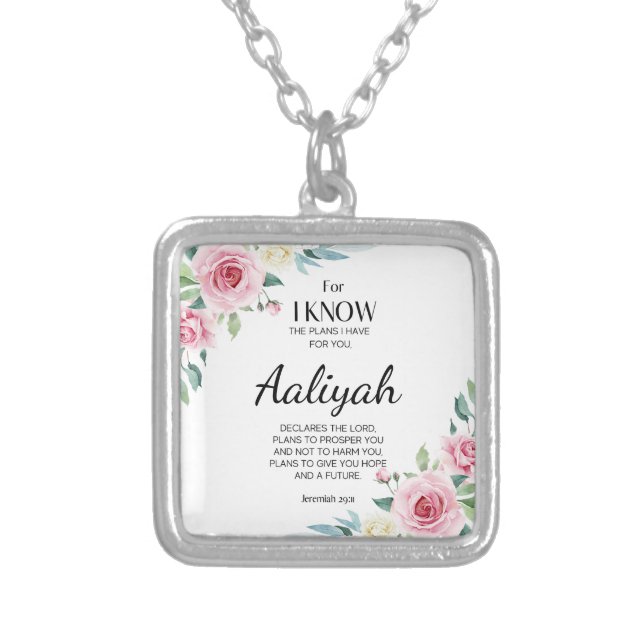 Jeremiah 29:11 Pink Rose Personalize Silver Plated Necklace (Front)