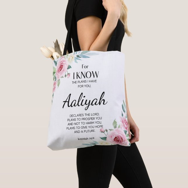 Jeremiah 29:11 Pink Rose Personalize Tote Bag (Close Up)