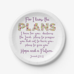 Jeremiah 29:11 Purple, Floral Letters Christian Paper Plates