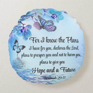 Jeremiah 29:11 Tropical Orchids Butterfly Bible Round Pillow