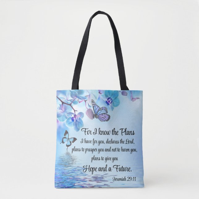 Jeremiah 29:11 Tropical Orchids Butterfly Bible Tote Bag (Front)