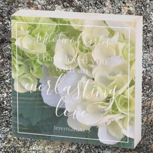 Jeremiah 31:3 Love Bible Verse Elegant Customize  Wooden Box Sign (Add couples name for romantic wedding or anniversary gift custom white floral bible verse decor.)