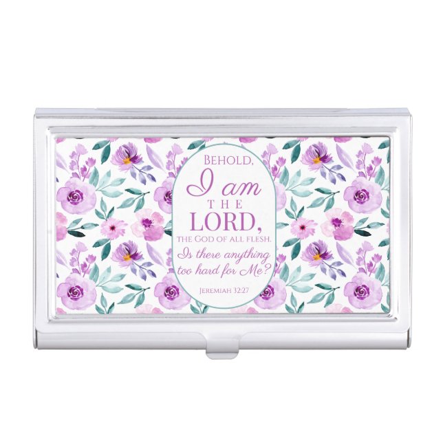Jeremiah 32:27 with Purple Flowers Background Business Card Case (Front)