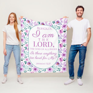 Jeremiah 32:27 with Purple Flowers Background Fleece Blanket
