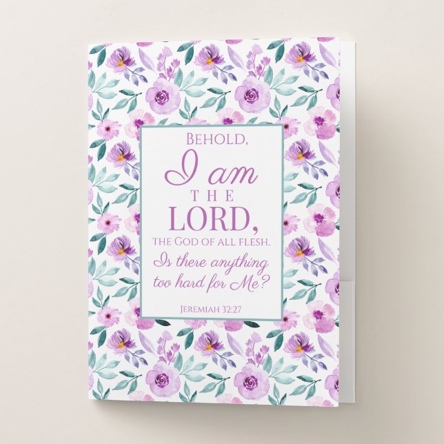 Jeremiah 32:27 with Purple Flowers Background Pocket Folder (Front)
