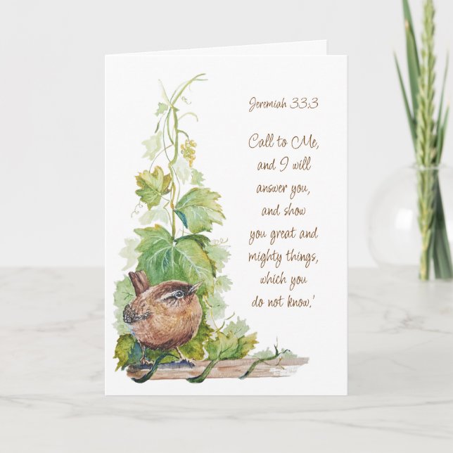 Jeremiah 33:3 Call to Me Bible Verse Wren Bird Card (Front)