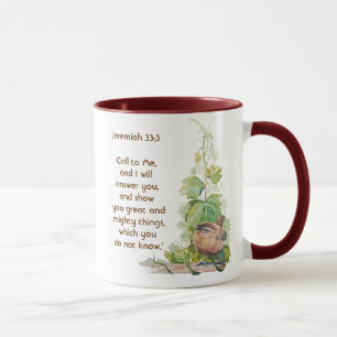 Jeremiah 33:3 Call to Me Bible Verse Wren Bird Mug