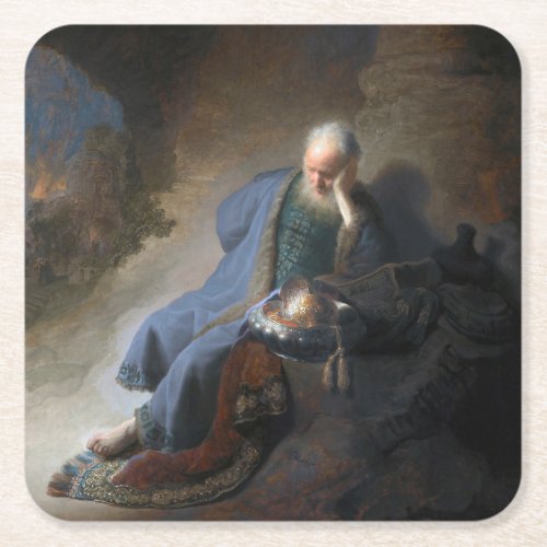 Jeremiah Lamenting on Fall of Jerusalem Rembrandt Square Paper Coaster