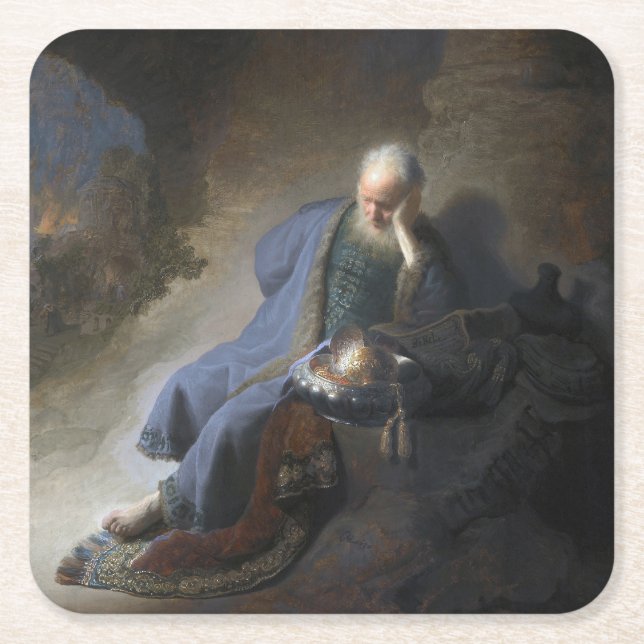 Jeremiah Lamenting on Fall of Jerusalem, Rembrandt Square Paper Coaster (Front)