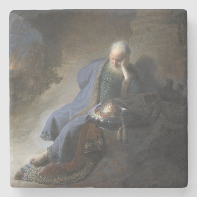 Jeremiah Lamenting on Fall of Jerusalem, Rembrandt Stone Coaster (Front)