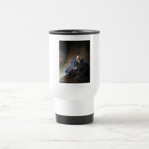 Jeremiah Lamenting on Fall of Jerusalem Rembrandt Travel Mug