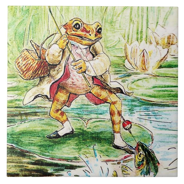 “Jeremy Fisher Catches a Fish” by Beatrix Potter Ceramic Tile (Front)