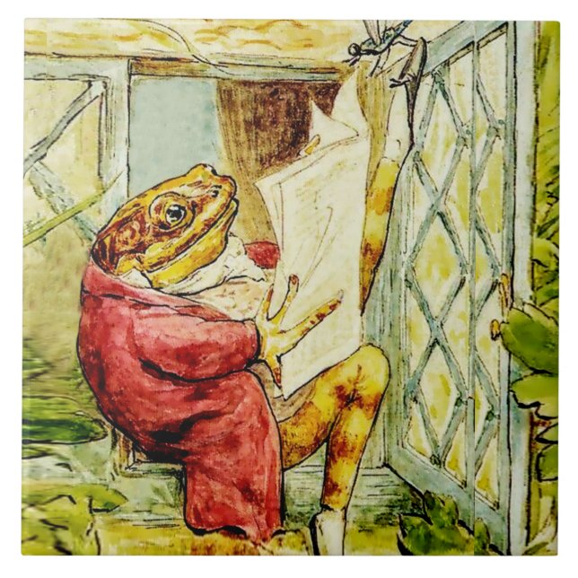 “Jeremy Fisher Reads the News” by Beatrix Potter Ceramic Tile (Front)