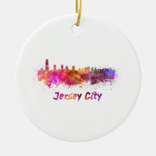 Jersey City skyline in watercolor Ceramic Ornament