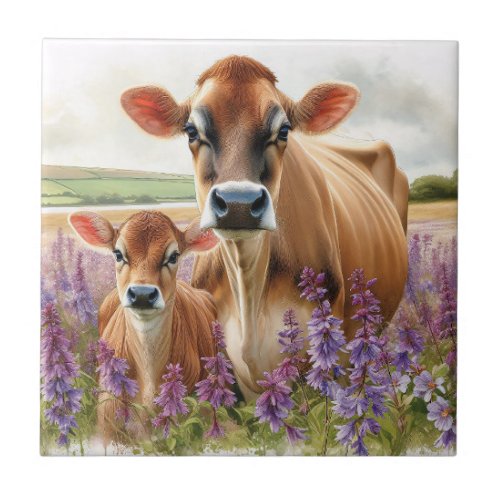 Jersey Cow and Calf Wildflower Ceramic Tile