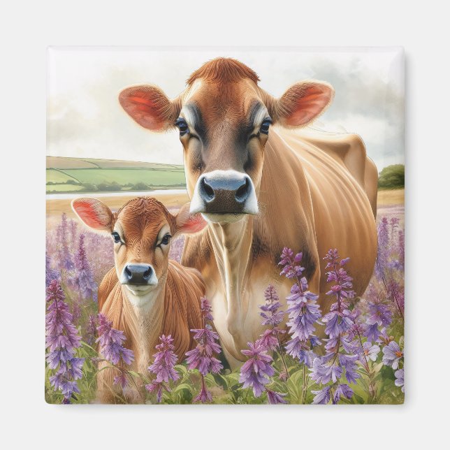 Jersey Cow and Calf Wildflower Magnet (Front)