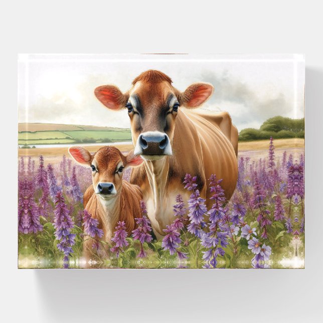 Jersey Cow and Calf Wildflower Paperweight (Front)