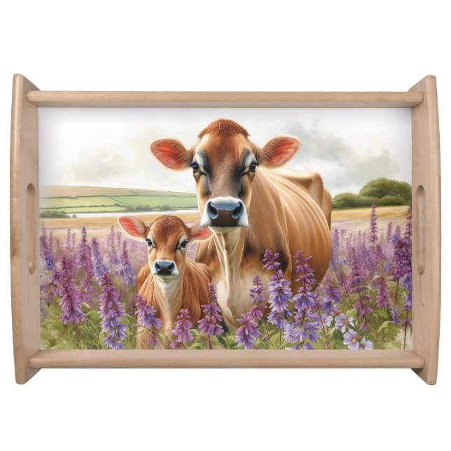 Jersey Cow and Calf Wildflower Serving Tray (Front)