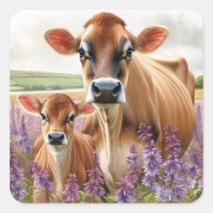 Jersey Cow and Calf Wildflower Square Sticker
