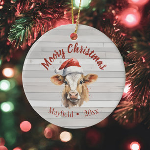 Jersey Cow, Barn Wood, "Moory Christmas" Ceramic Ornament