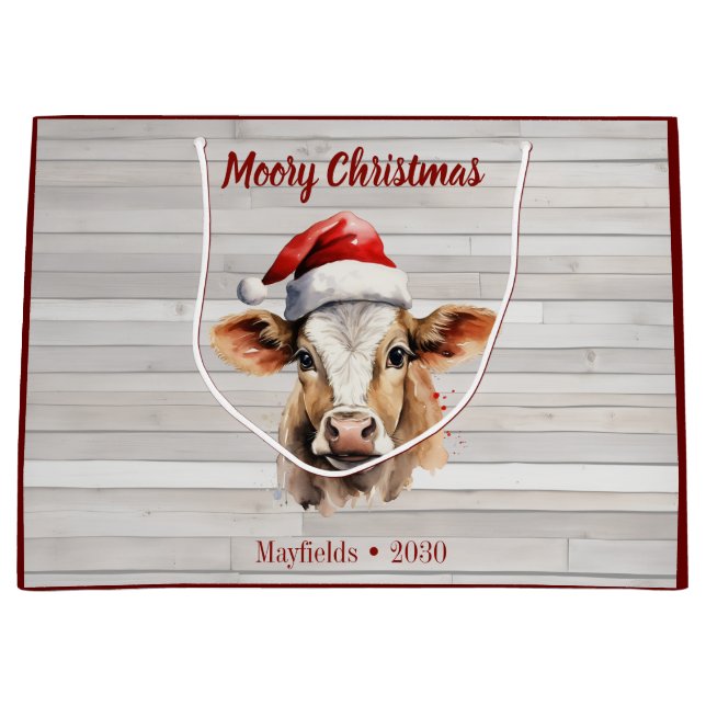 Jersey Cow Barn Wood "Moory Christmas"  Large Gift Bag (Front)