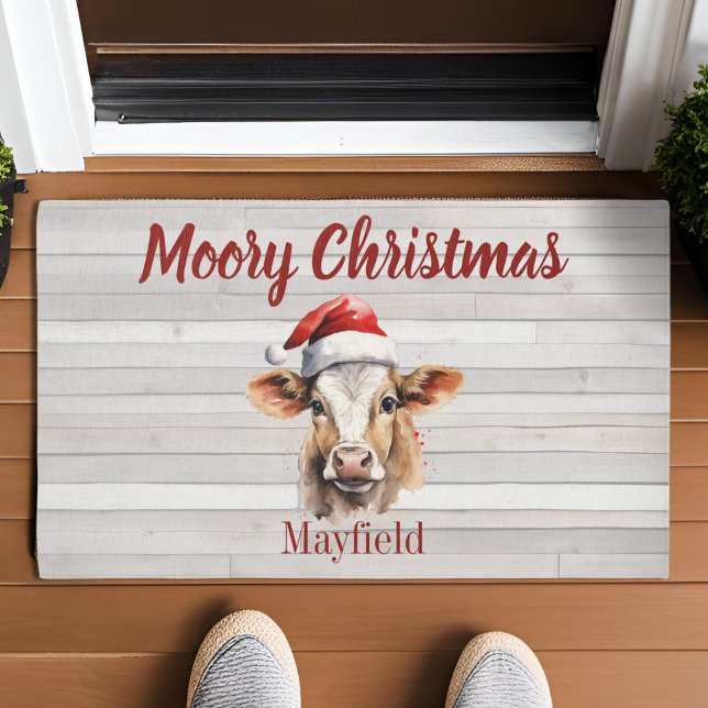 Jersey Cow Barn Wood "Moory Christmas"  Outdoor Rug (Moory Christmas front door welcome mat)