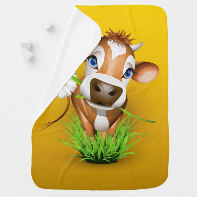 Jersey cow in grass over yellow baby blanket (In Situ)