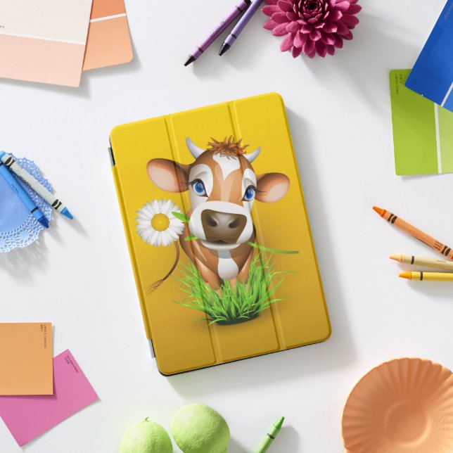 Jersey cow in grass over yellow iPad pro cover (Desk)