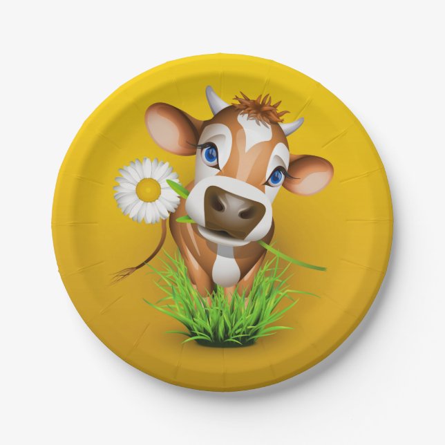Jersey cow in grass over yellow paper plates (Front)