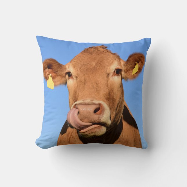 Jersey Cow Licking its Nose Throw Pillow (Front)