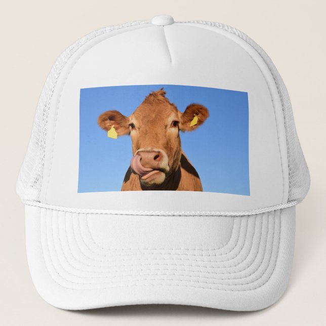 Jersey Cow Licking its Nose Trucker Hat (Front)
