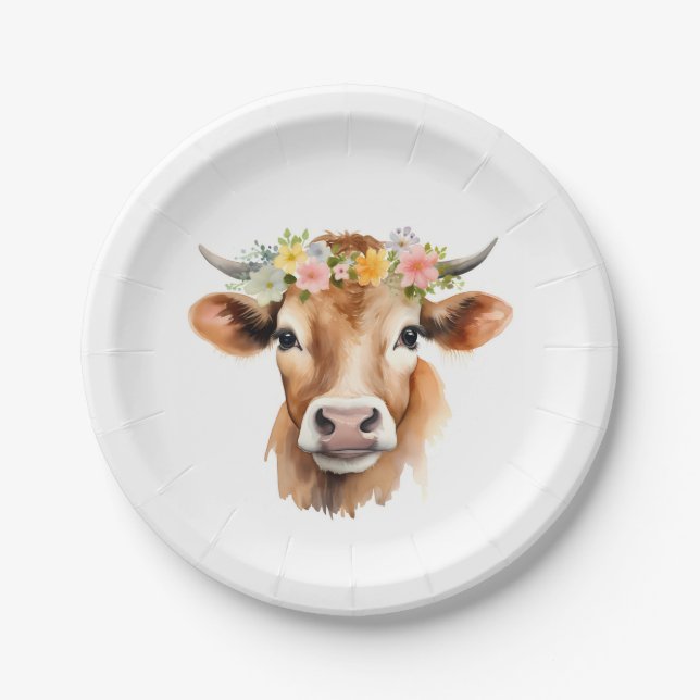 Jersey Cow Wearing Flowers Floral Girl's Birthday Paper Plates (Front)