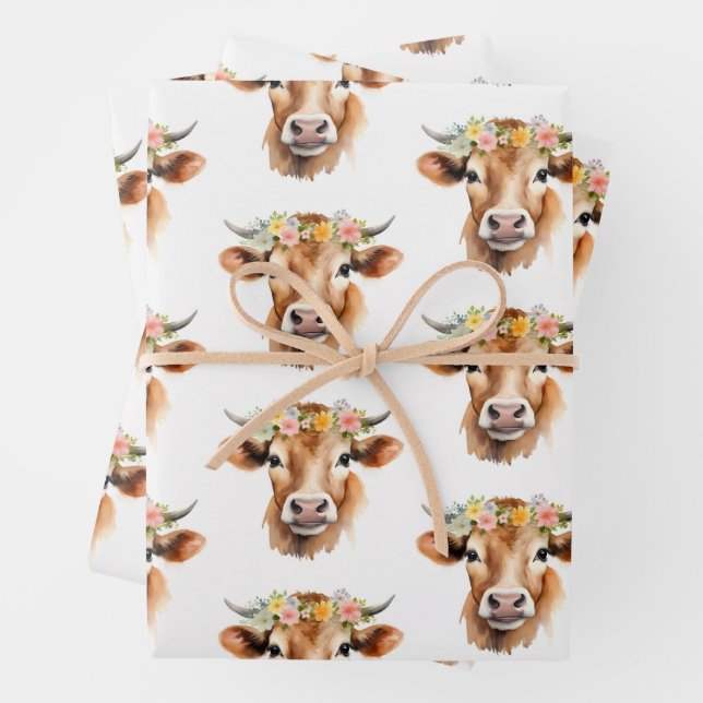 Jersey Cow Wearing Flowers Floral Girl's Birthday Wrapping Paper Sheets (In situ)