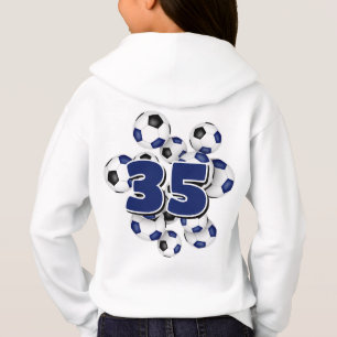 jersey number on group of soccer balls blue hoodie