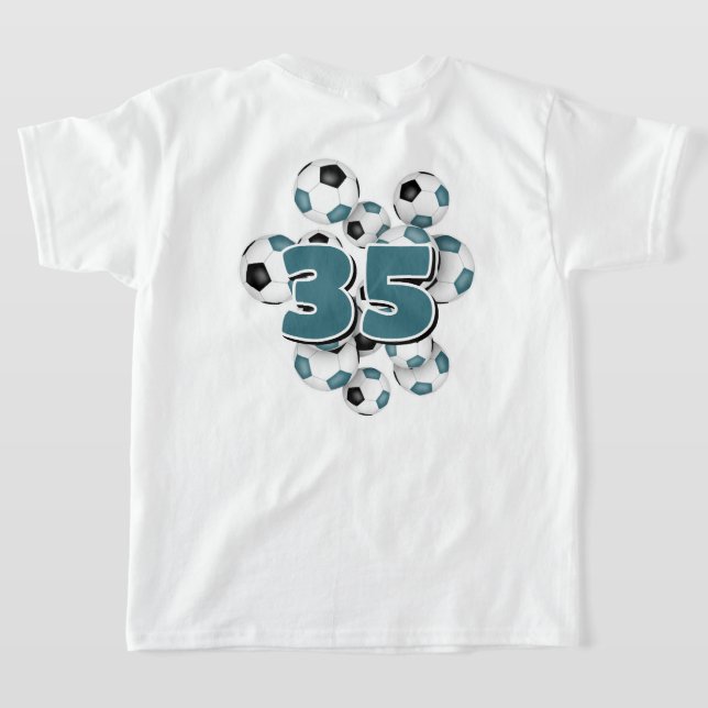 jersey number on group of teal soccer balls T-Shirt (Laydown Back)