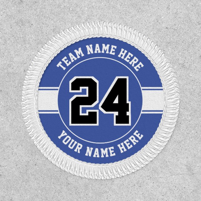 Jersey number, team and player name blue and white patch (Front)