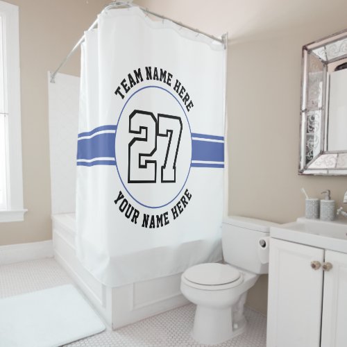 Jersey number team and player name blue sports shower curtain