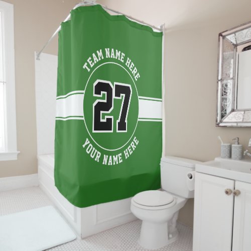 Jersey number team and player name green and white shower curtain