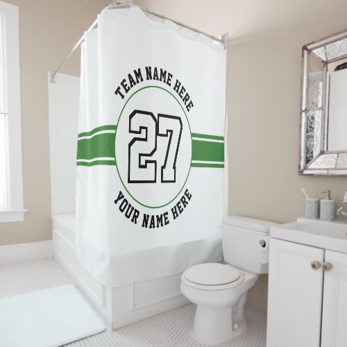 Jersey number team and player name green sports shower curtain